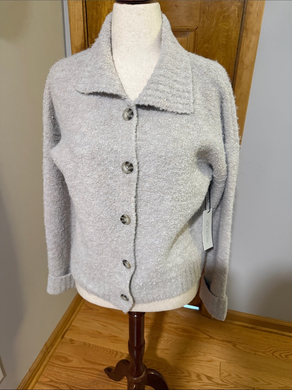 Rachel Zoe Light Gray Teddy Bouclé Button sweater